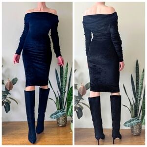 Vintage 90s Black Crushed Velvet Avant Garde Long Sleeve Dress Medium